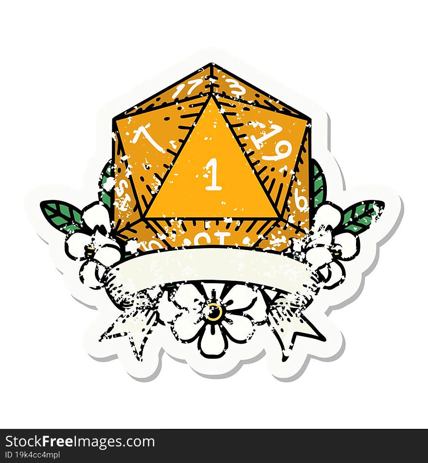 grunge sticker of a natural one d20 dice roll. grunge sticker of a natural one d20 dice roll