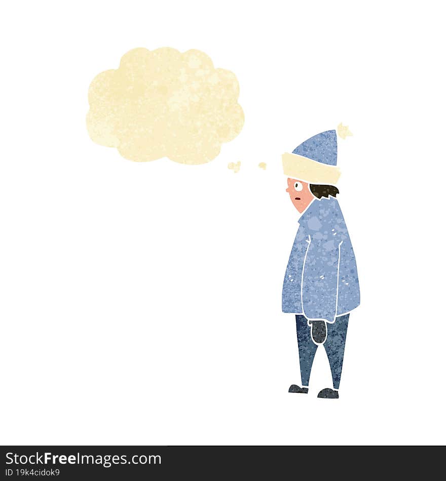 cartoon person in winter clothes with thought bubble