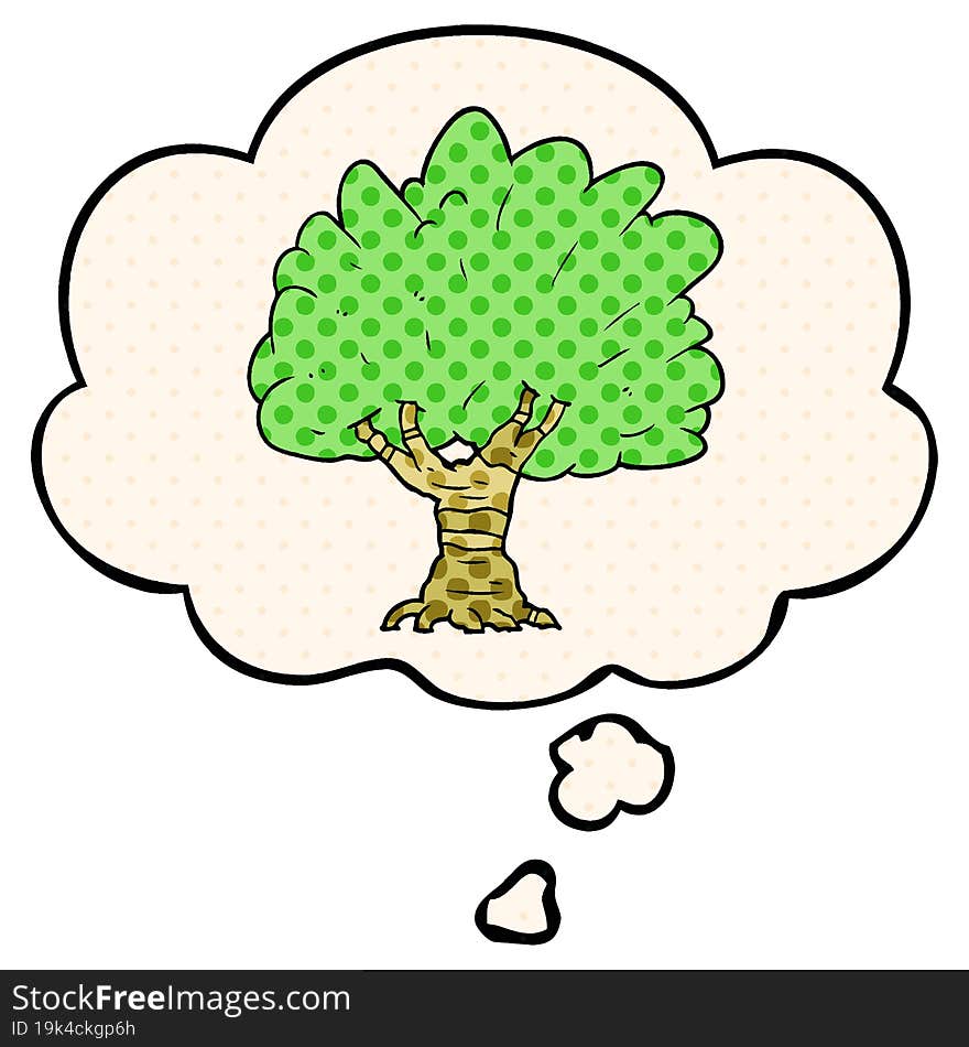 cartoon tree and thought bubble in comic book style