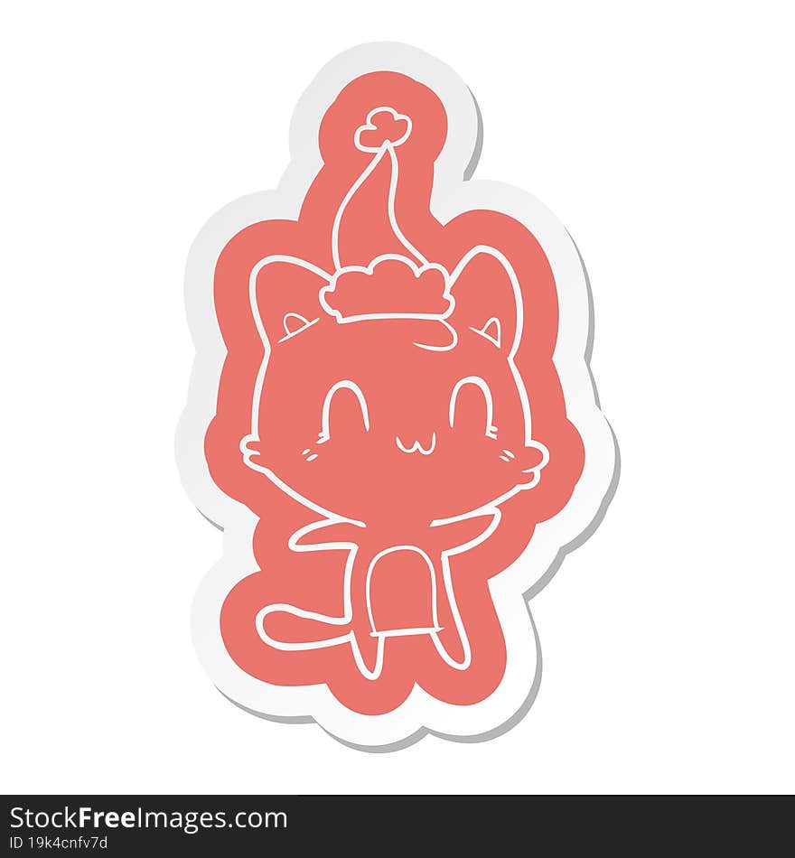 cartoon  sticker of a happy cat wearing santa hat