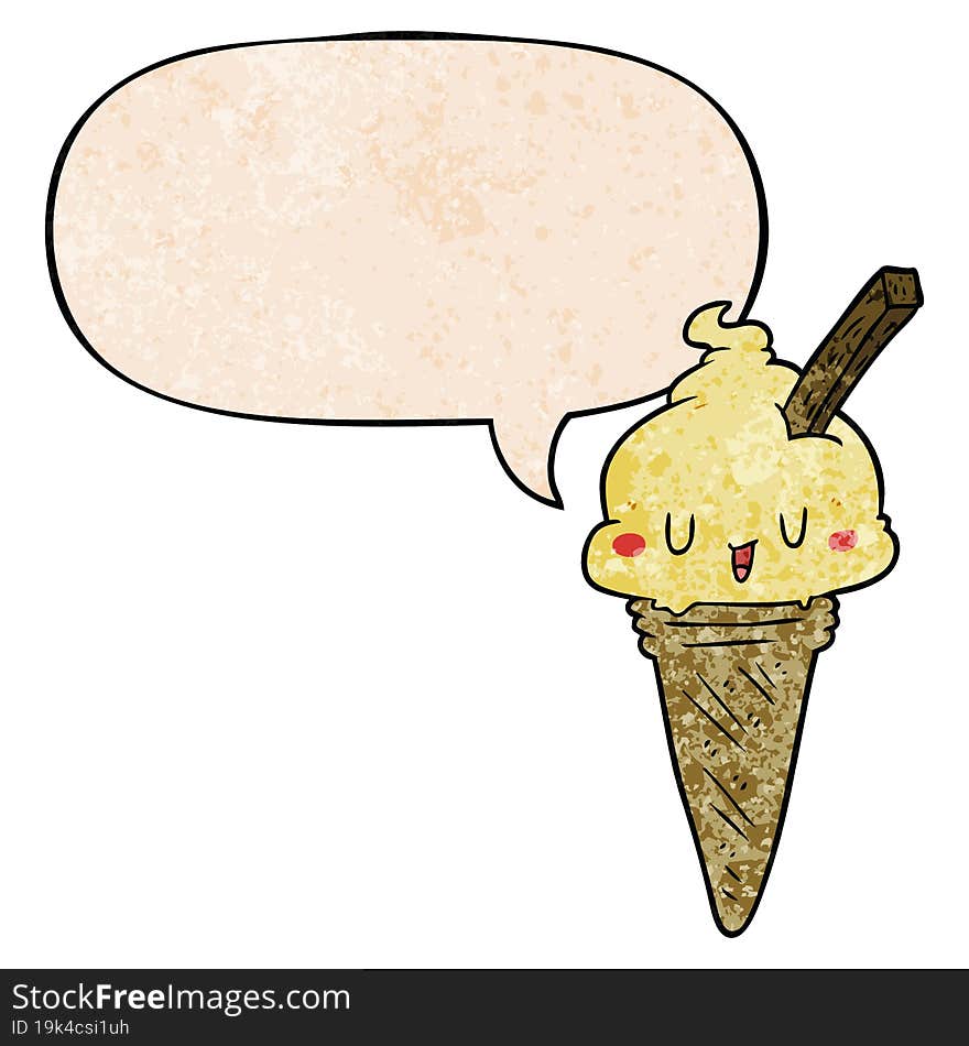 Cute Cartoon Ice Cream And Speech Bubble In Retro Texture Style