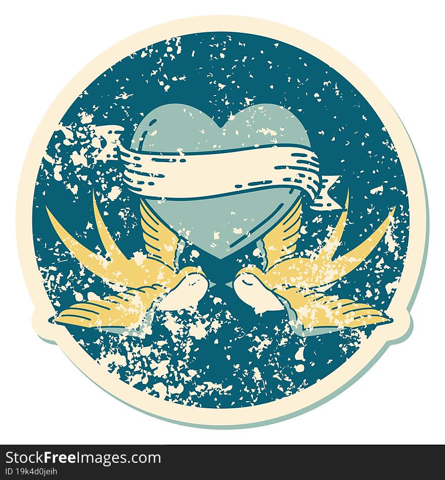 Distressed Sticker Tattoo Style Icon Of A Swallows And A Heart With Banner