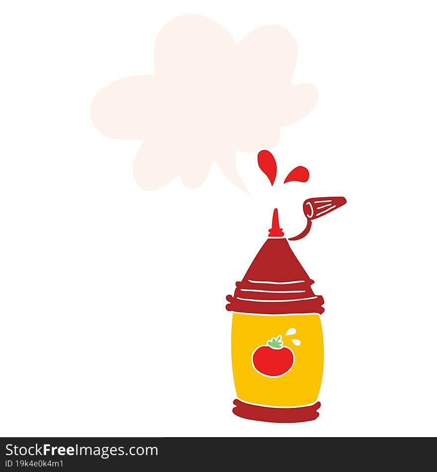 cartoon ketchup bottle and speech bubble in retro style