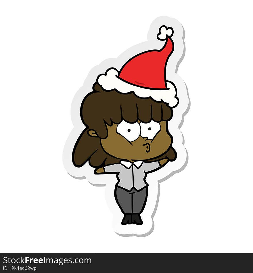 sticker cartoon of a whistling girl wearing santa hat