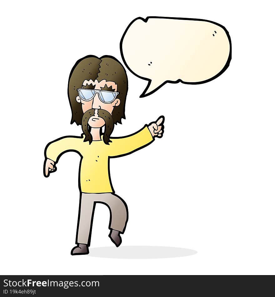 cartoon hippie man wearing glasses with speech bubble