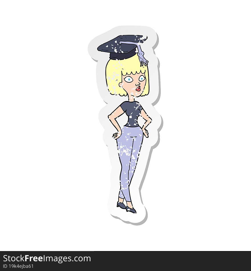 retro distressed sticker of a cartoon woman with graduation cap