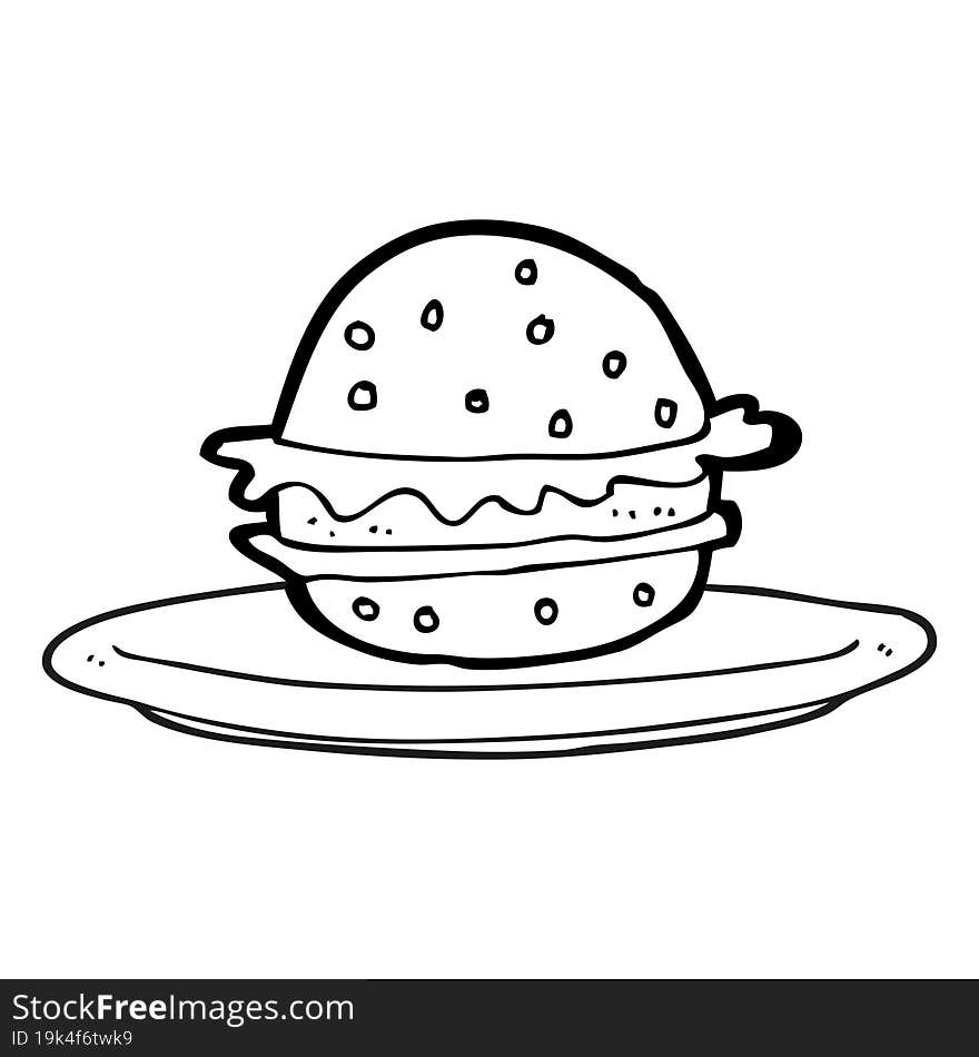 black and white cartoon burger on plate