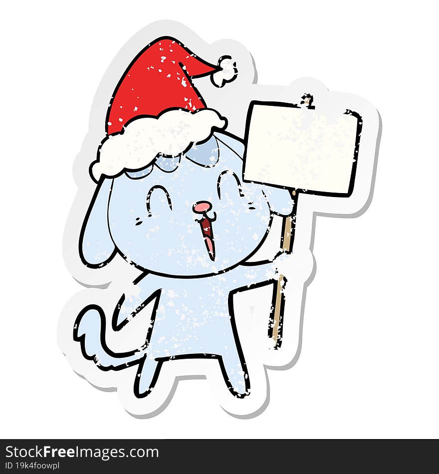 cute distressed sticker cartoon of a dog wearing santa hat