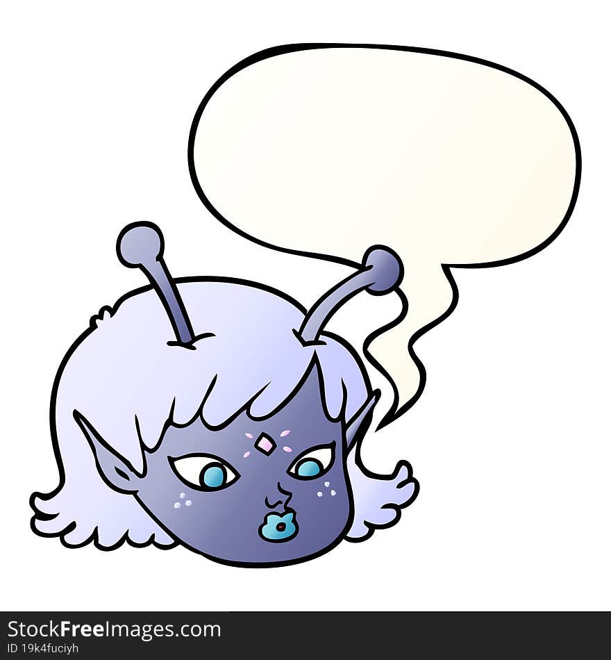 cartoon alien space girl face with speech bubble in smooth gradient style