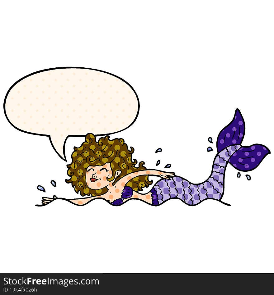 cartoon mermaid with speech bubble in comic book style