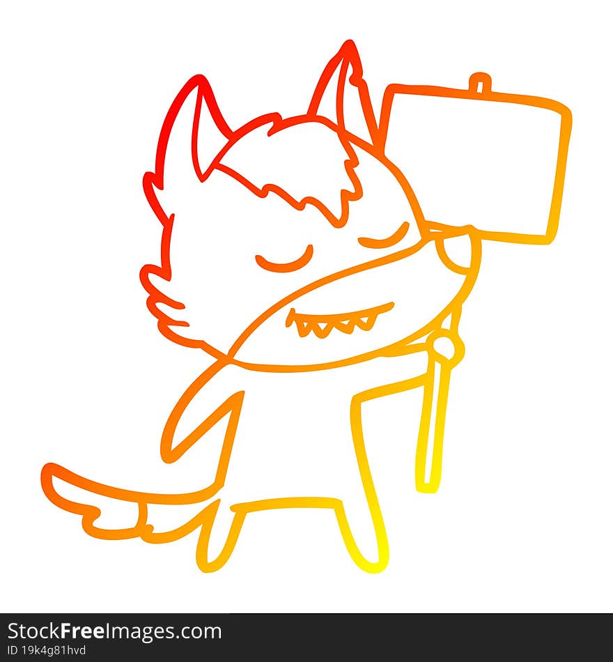 warm gradient line drawing friendly cartoon wolf with blank sign