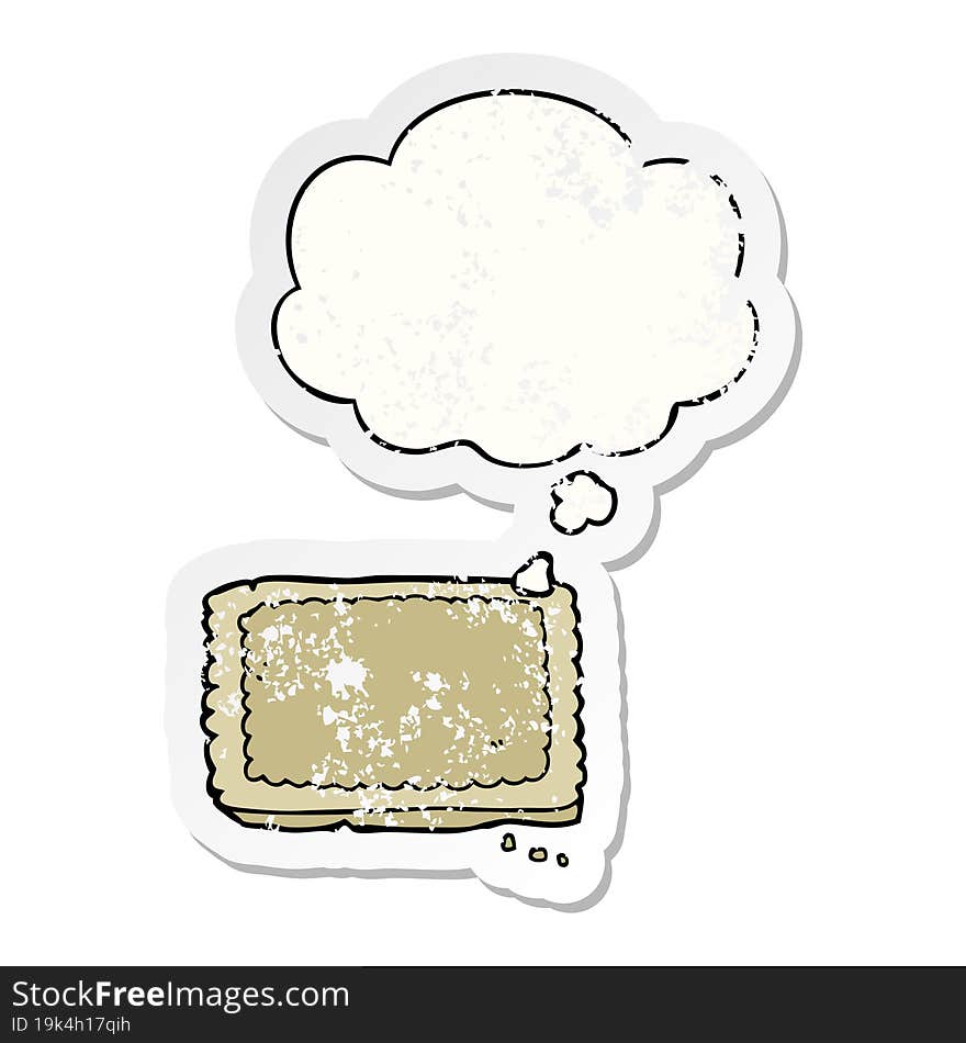 cartoon biscuit and thought bubble as a distressed worn sticker