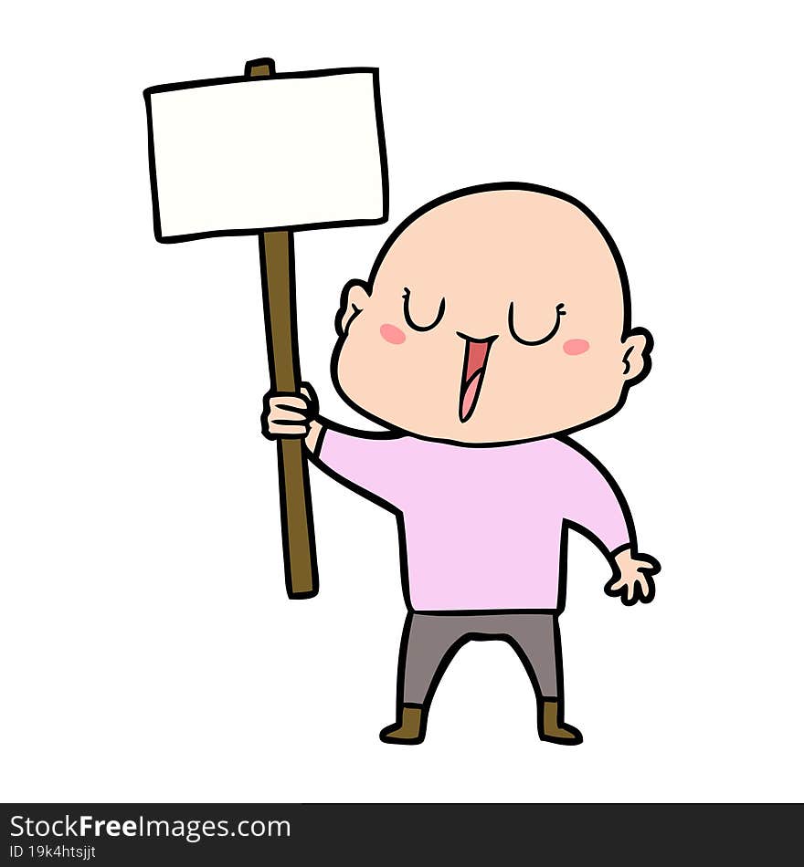 happy cartoon bald man with sign. happy cartoon bald man with sign