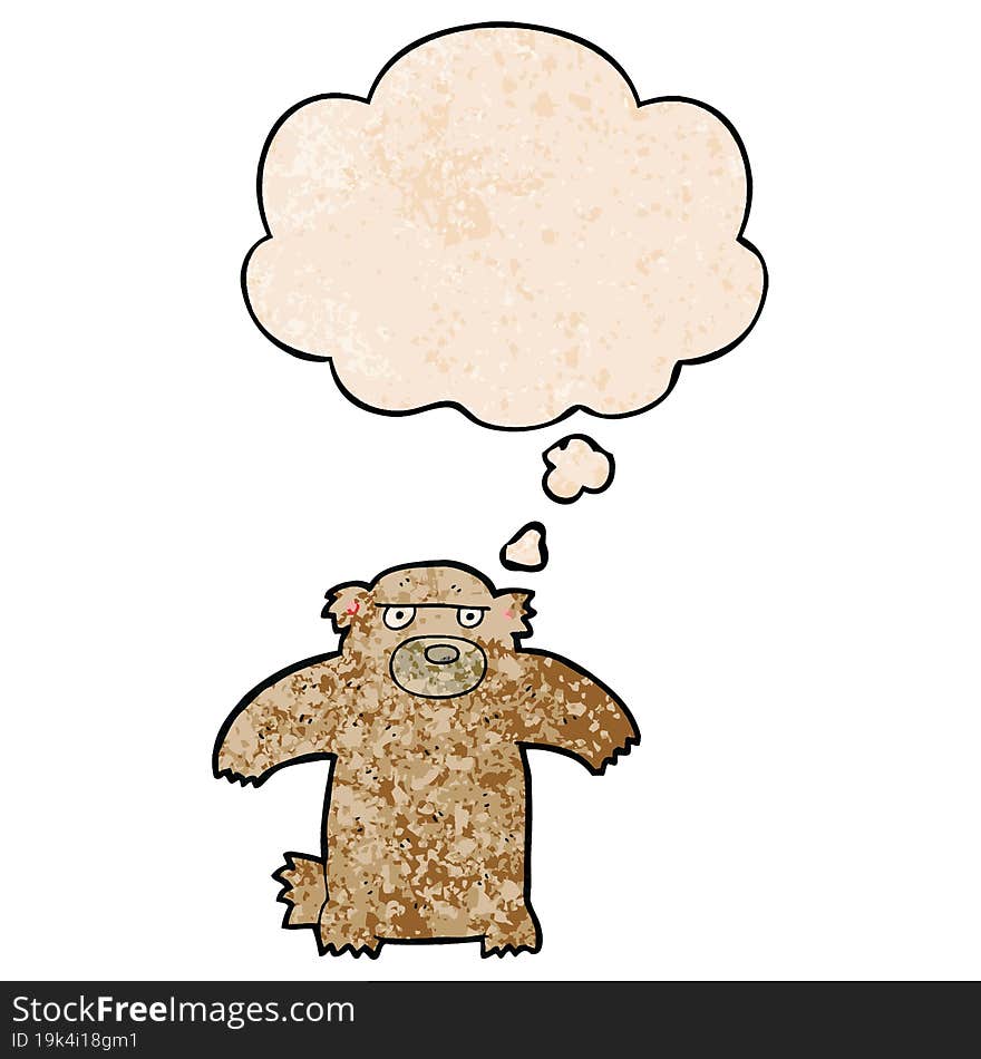 cartoon bear and thought bubble in grunge texture pattern style
