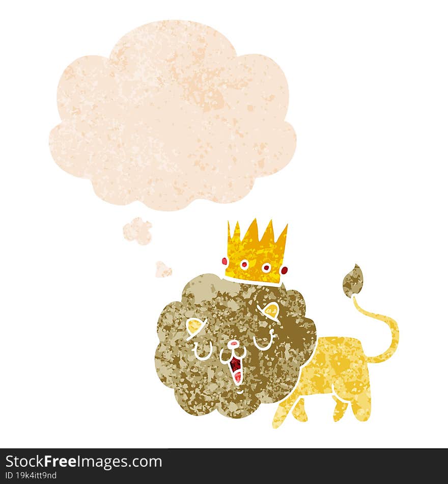 cartoon lion with crown and thought bubble in retro textured style