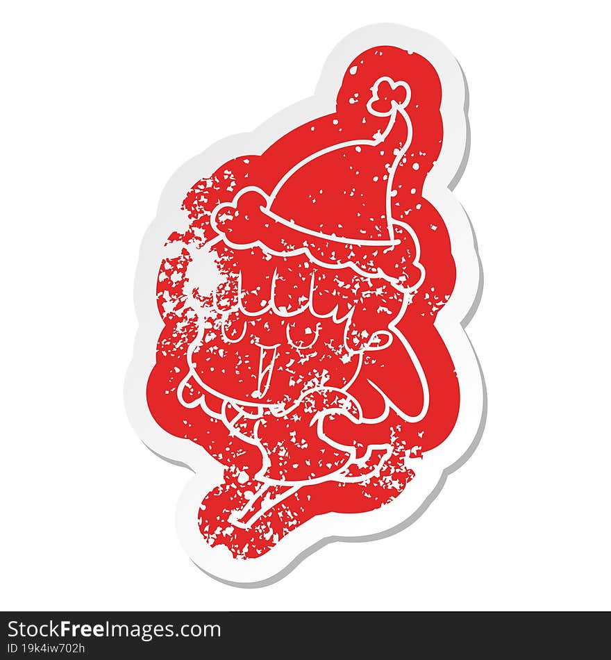 cartoon distressed sticker of a woman wearing santa hat