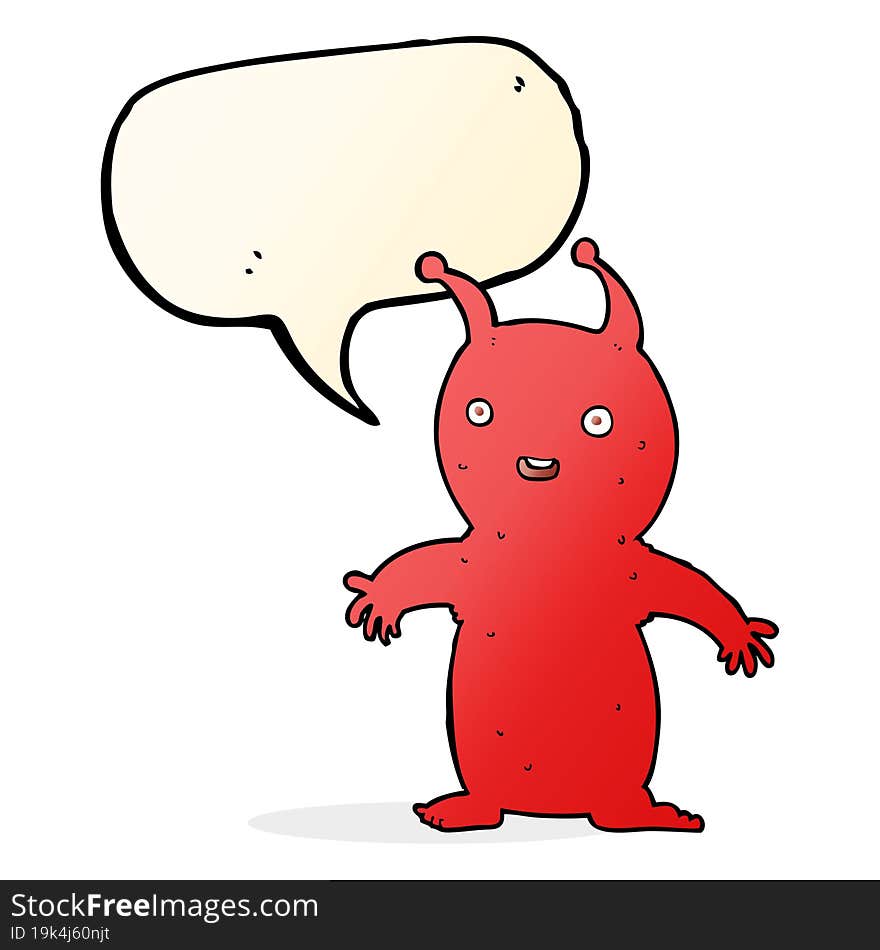 cartoon happy little alien with speech bubble