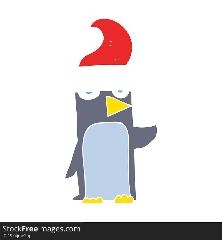 flat color illustration of a cartoon penguin in christmas hat