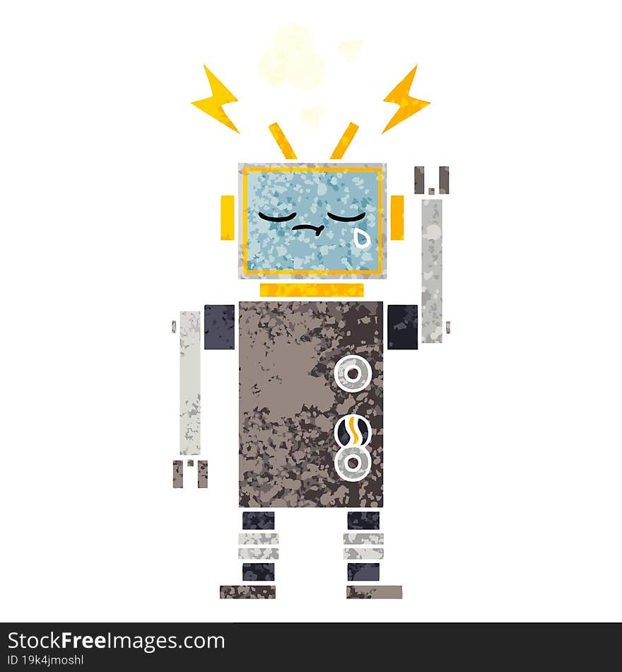 retro illustration style cartoon crying robot