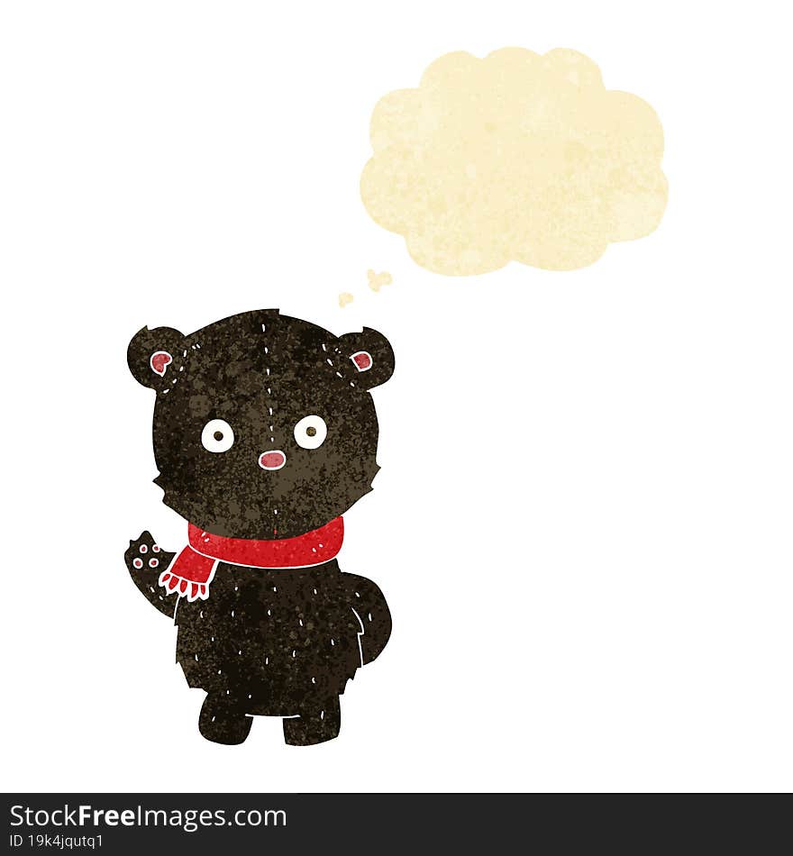 cartoon waving black bear cub with thought bubble