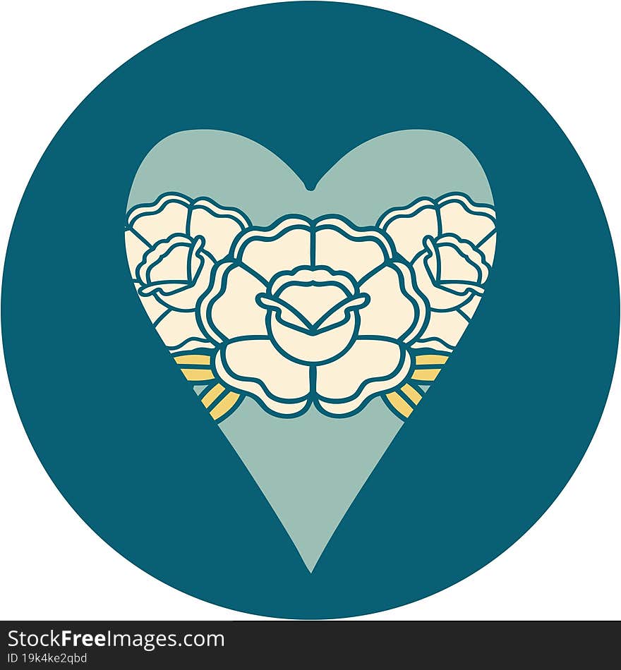 iconic tattoo style image of a heart and flowers. iconic tattoo style image of a heart and flowers