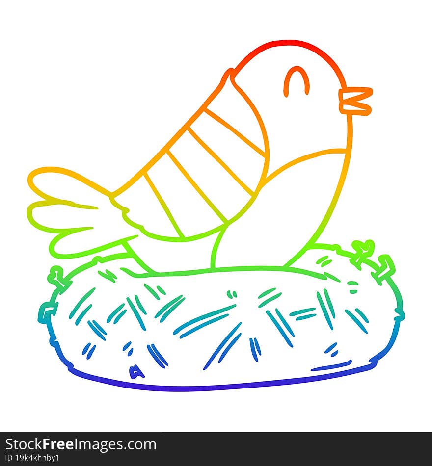 rainbow gradient line drawing cartoon bird sitting on nest