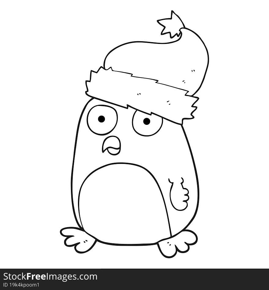 black and white cartoon penguin in christmas hat