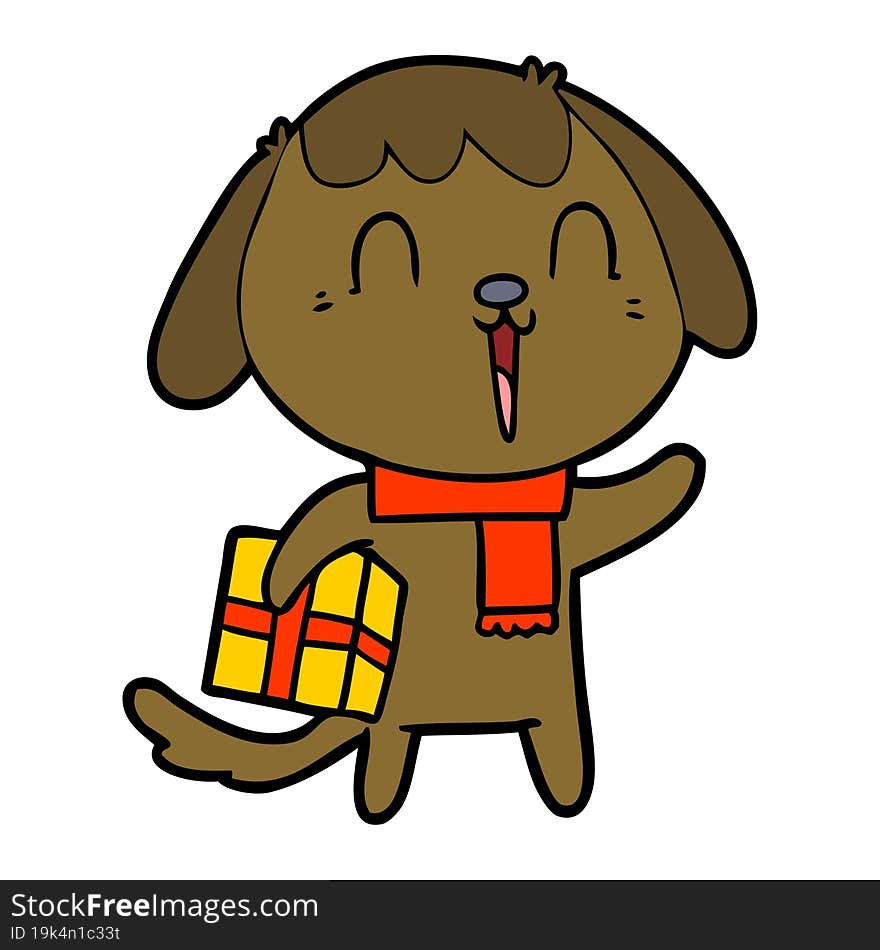 cute cartoon dog with christmas present. cute cartoon dog with christmas present