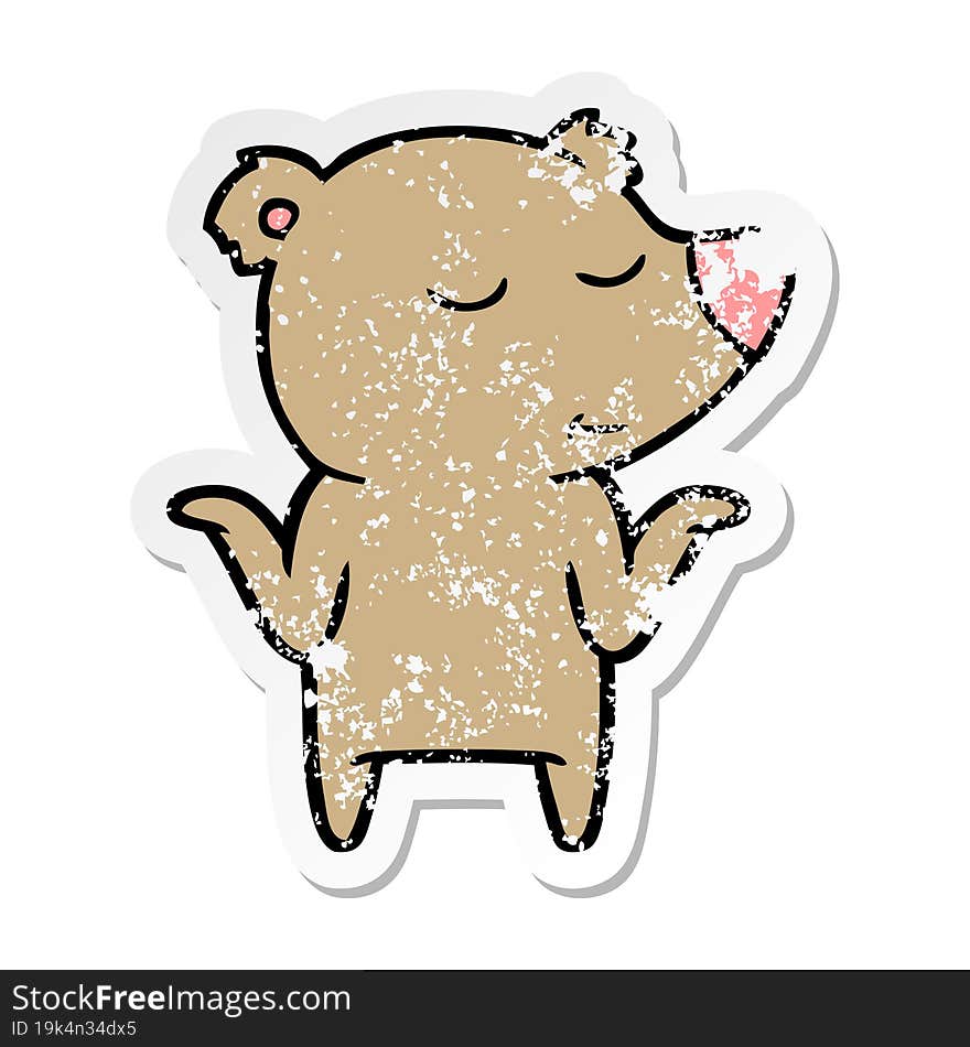 Distressed Sticker Of A Happy Cartoon Bear Shrugging Shoulders