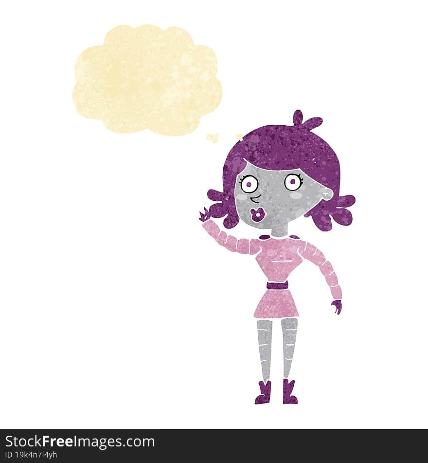 cartoon robot woman waving with thought bubble