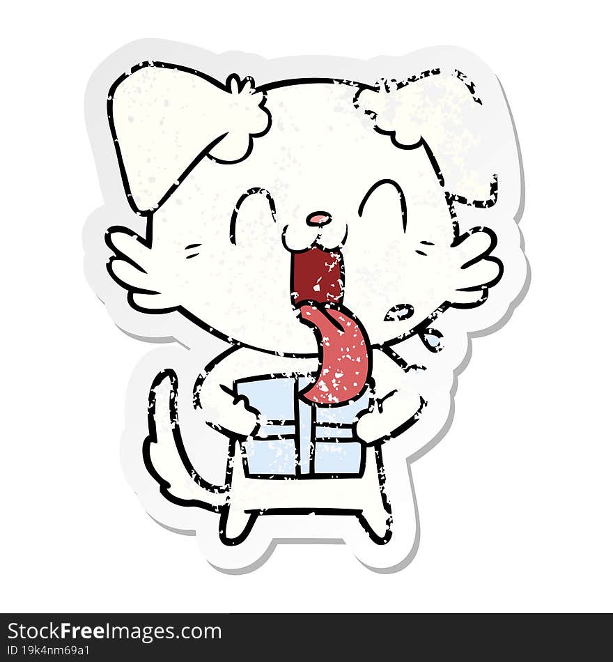 distressed sticker of a cartoon panting dog with present