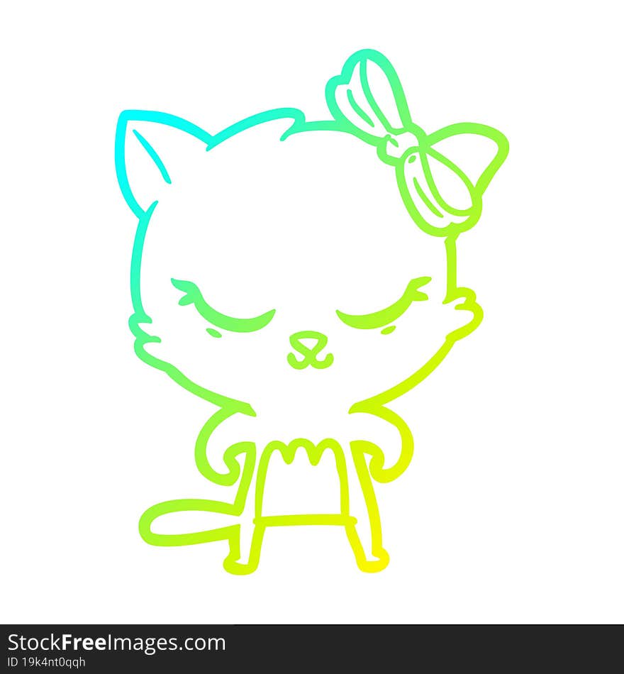 Cold Gradient Line Drawing Cute Cartoon Cat With Bow