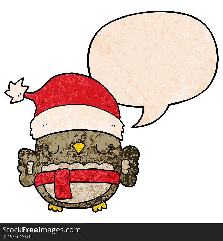 cute christmas owl and speech bubble in retro texture style