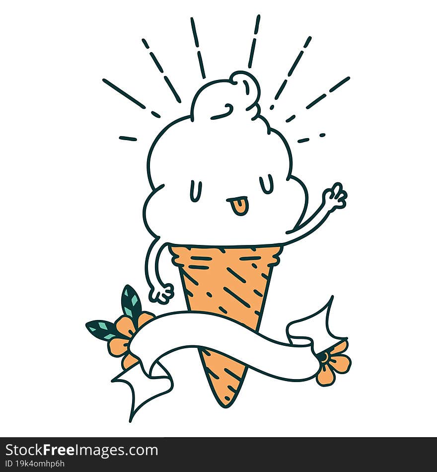 Banner With Tattoo Style Ice Cream Character Waving