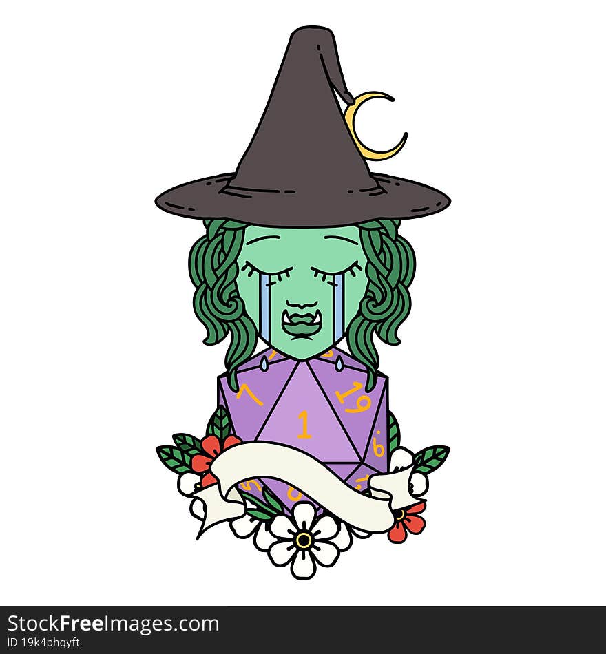 crying orc witch with natural one D20 roll illustration