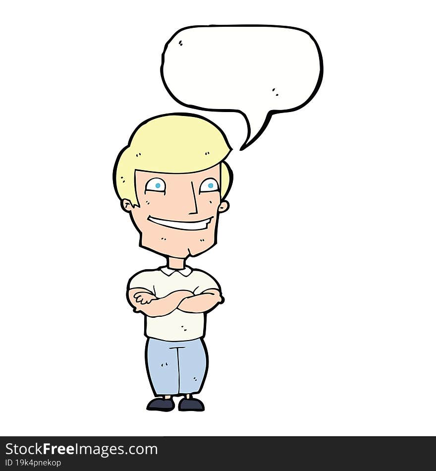 cartoon grinning man with speech bubble