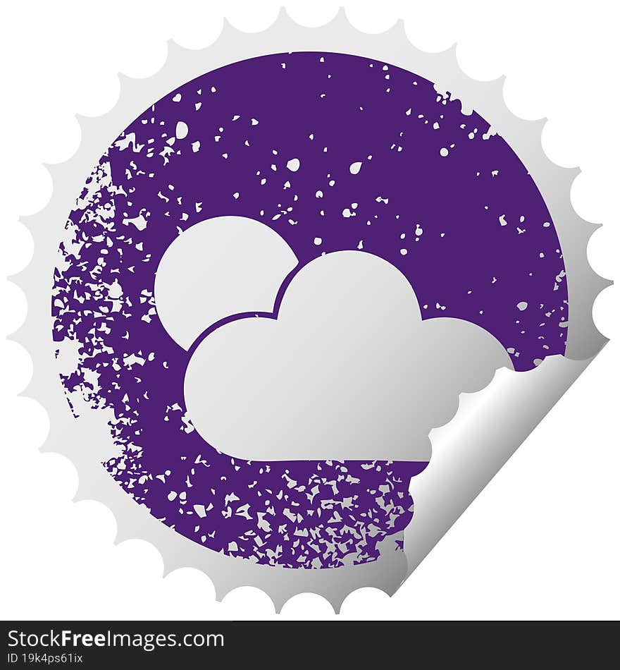 distressed circular peeling sticker symbol of a sunshine and cloud