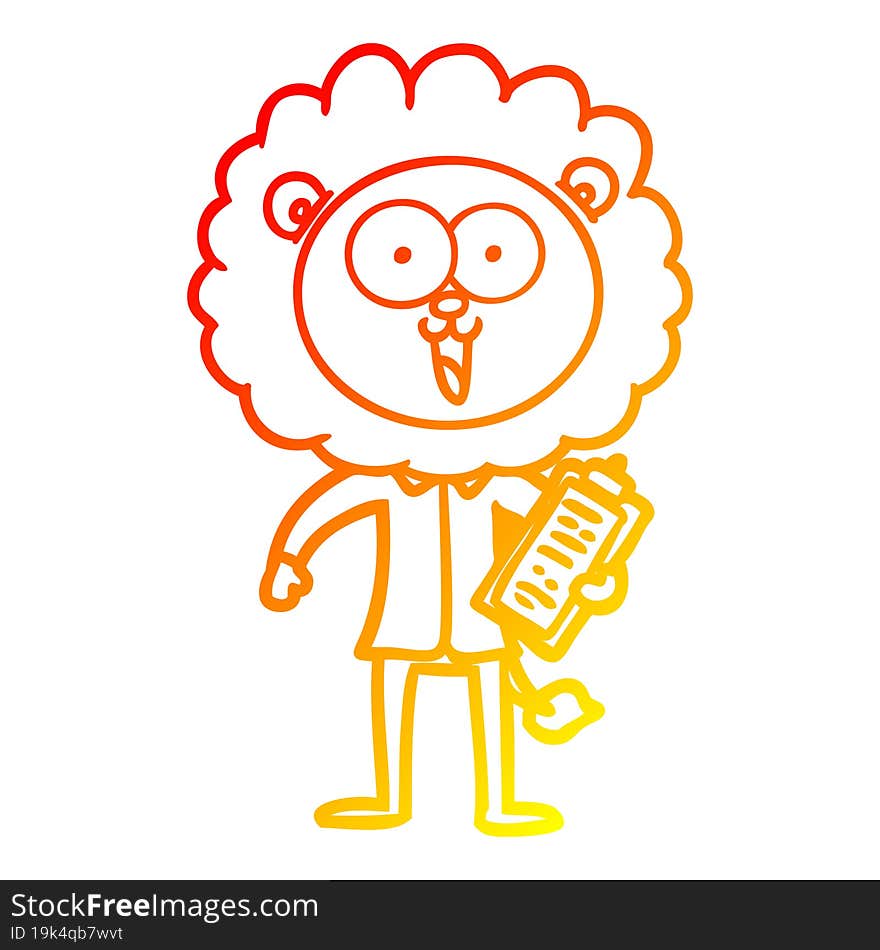 warm gradient line drawing of a happy cartoon lion