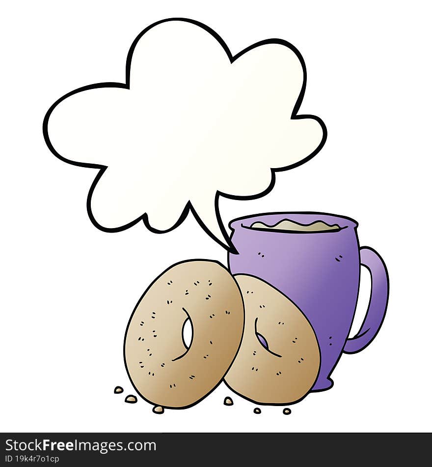 cartoon coffee and donuts and speech bubble in smooth gradient style