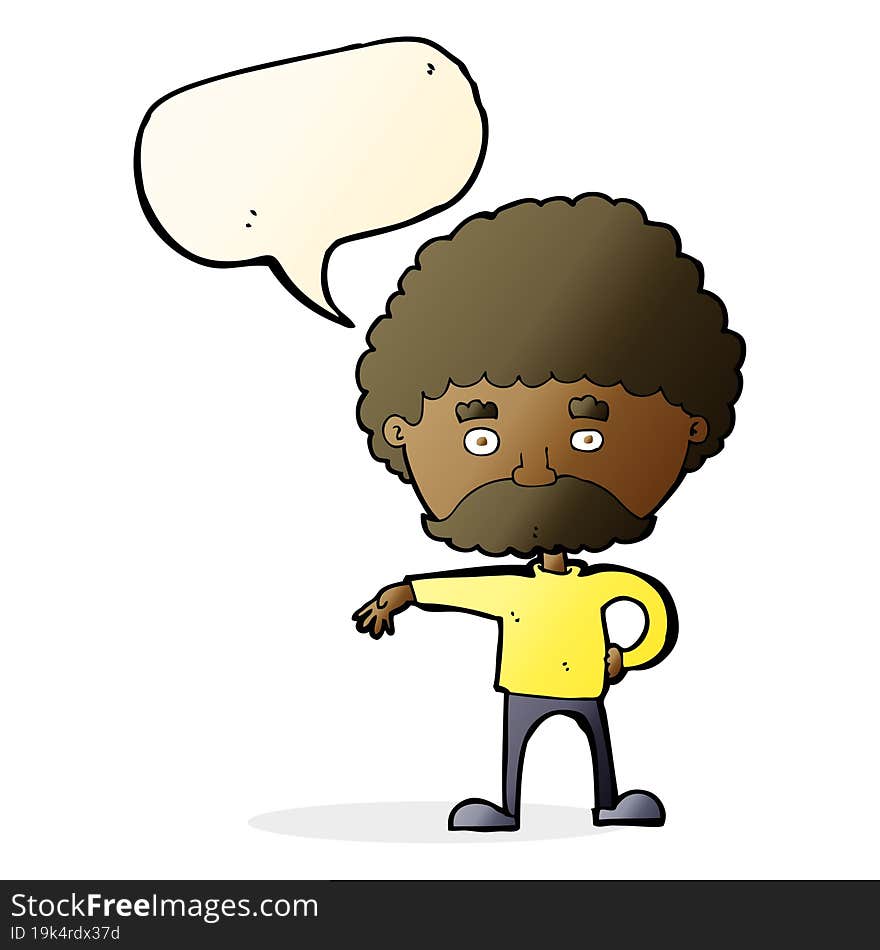 cartoon man with mustache making camp gesture with speech bubble