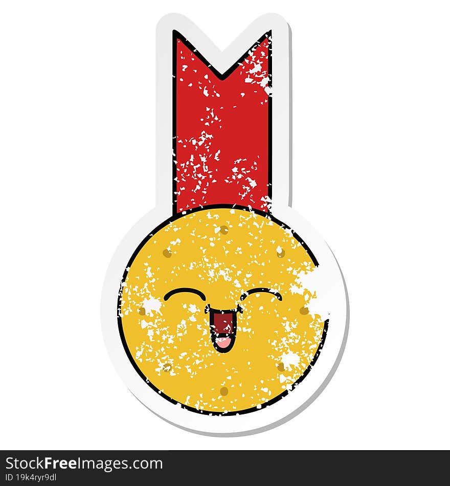 distressed sticker of a cute cartoon gold medal