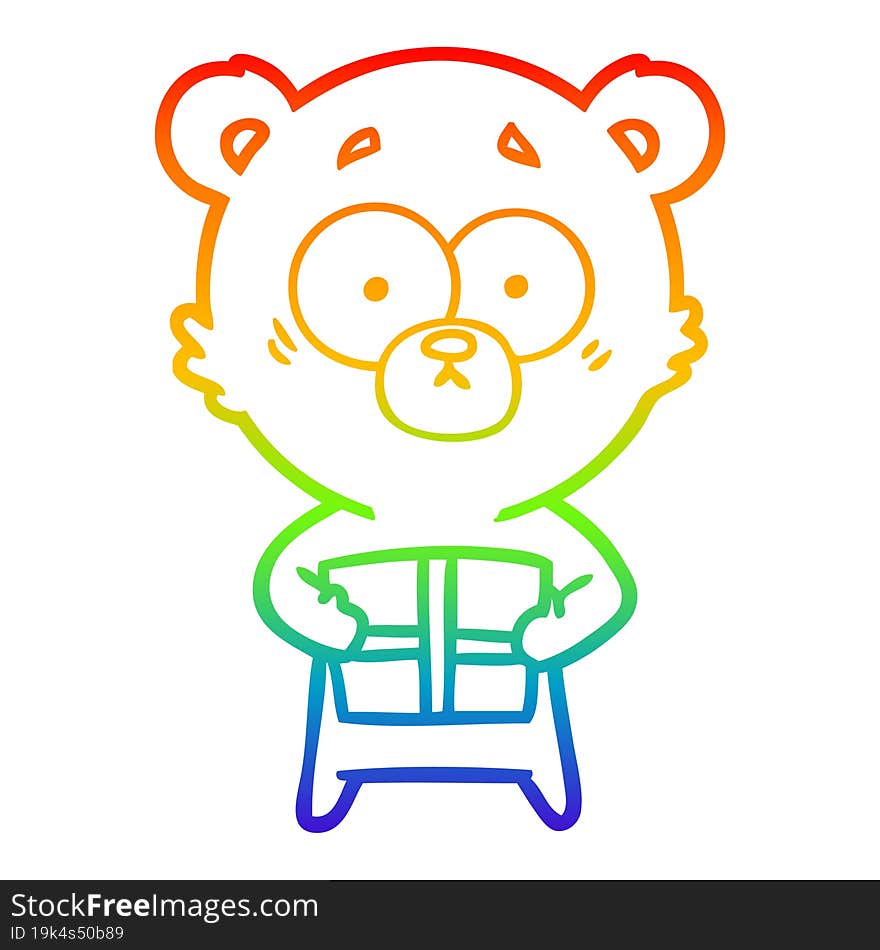 rainbow gradient line drawing nervous polar bear cartoon with gift