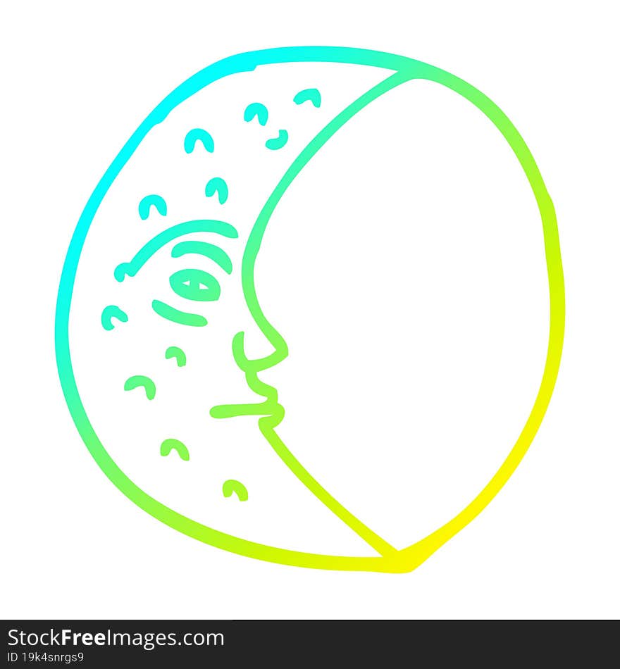 Cold Gradient Line Drawing Cartoon Crescent Moon With Face