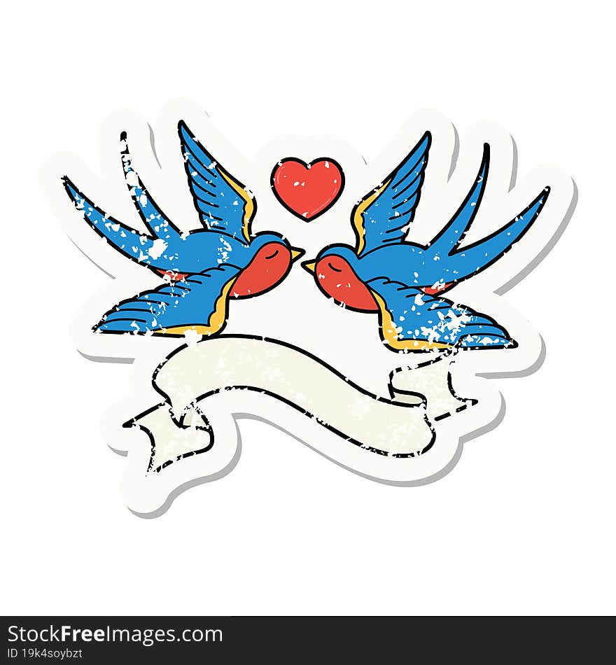 worn old sticker with banner of swallows and a heart. worn old sticker with banner of swallows and a heart