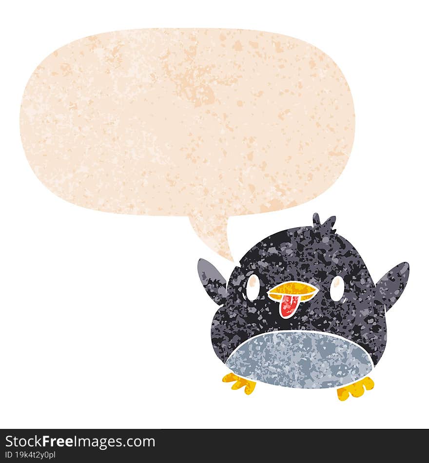 cute cartoon penguin and speech bubble in retro textured style