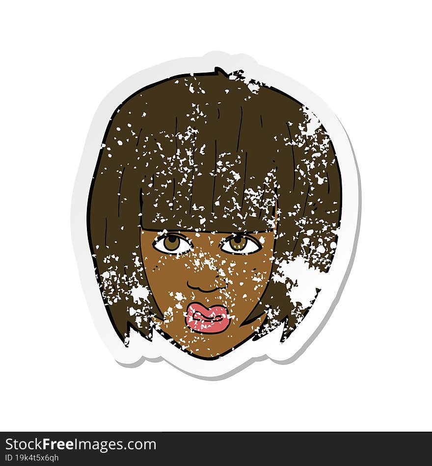 Retro Distressed Sticker Of A Cartoon Annoyed Girl With Big Hair