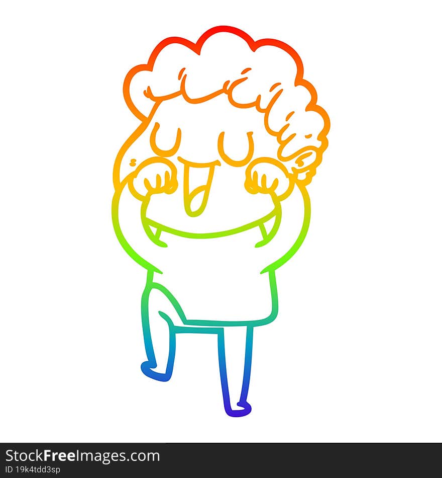 rainbow gradient line drawing of a laughing cartoon man rubbign eyes