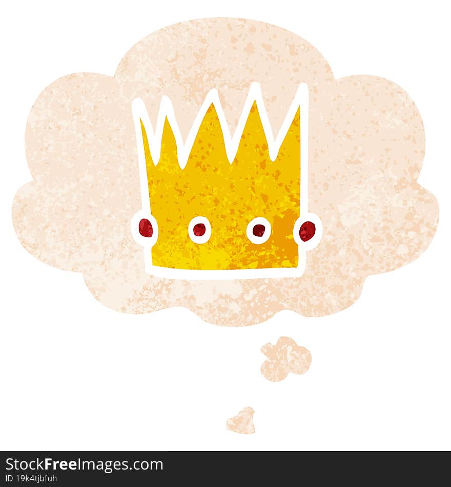 cartoon crown and thought bubble in retro textured style