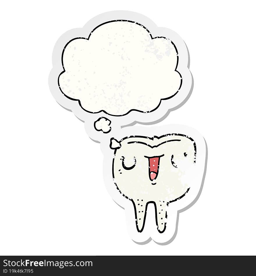 cartoon happy tooth and thought bubble as a distressed worn sticker