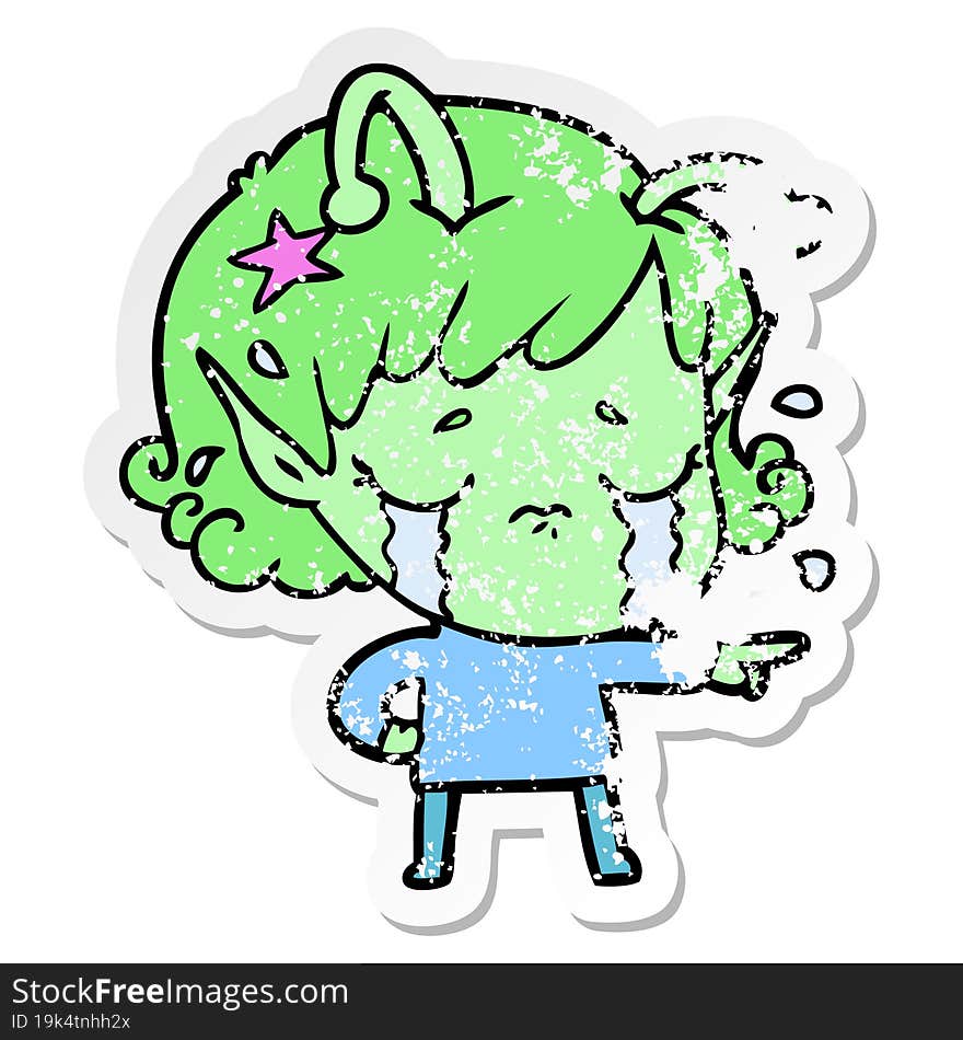 distressed sticker of a cartoon crying alien girl